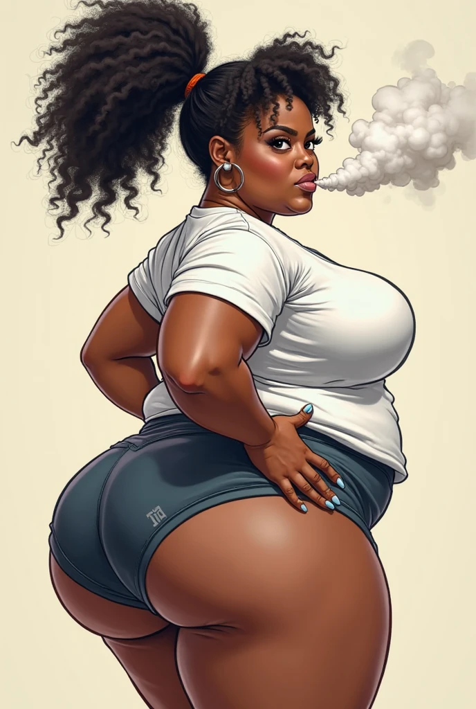((masterpiece, best quality)), ((33 year old)), (((Curvy))), ((Black woman with large afro)), in ((light blue fullback cotton panties)), beige sweater, ((Large hips)), (((photo realistic))), ((80's film, 80's movie scene, 80's TV Style))
