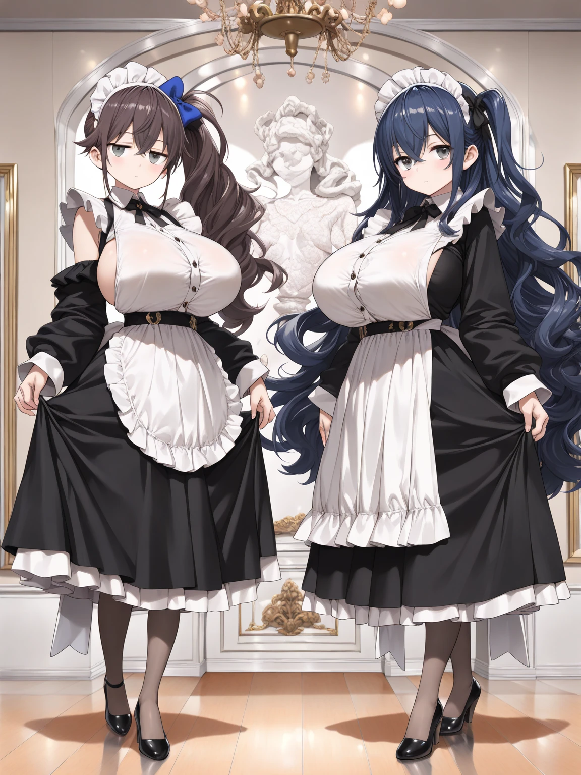 perfect human body，2 women，sisters，Mature and intellectual woman， (Very detailed background，bedroom), ，long hair，hair accessories，huge ，translucent，victorian style shirt，Prominent and smooth underhort skirt with high slit slit，sharp eyes，Smile，(blush:1.2)，innominate bone，