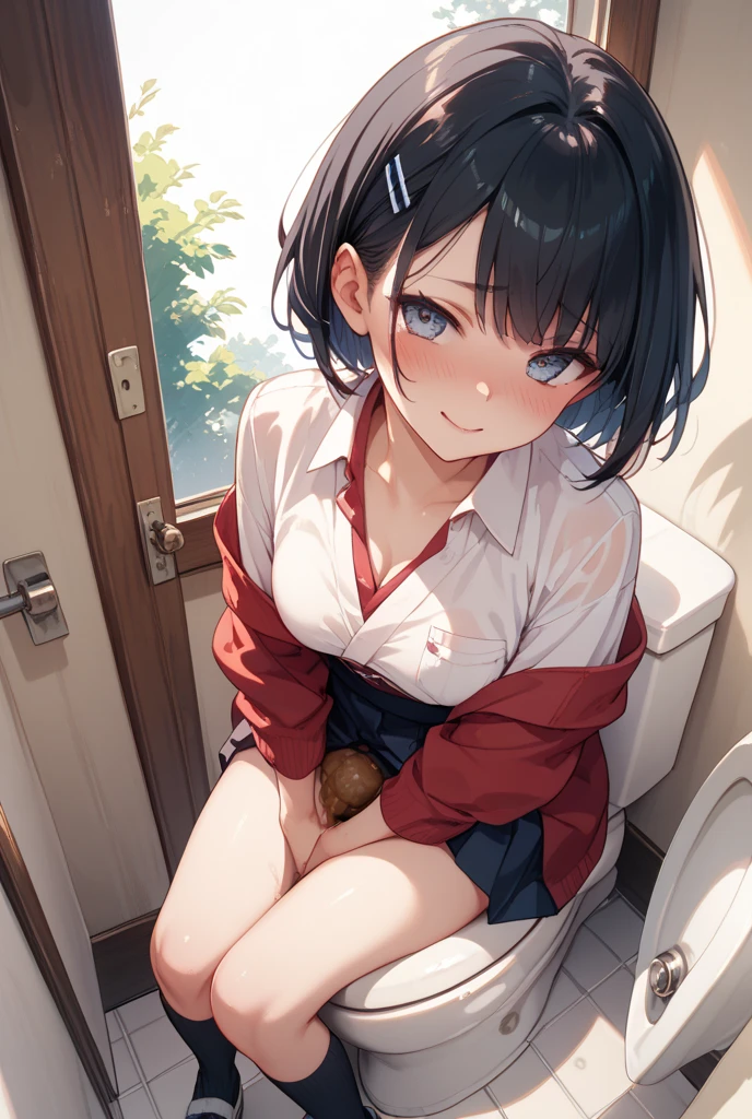 masterpiece, best quality, 1 girl, detailed beautiful face, ((nurse)), miniskirt, squatting, short hair, toilet, (peeing), embarrassed, nsfw, spread legs, ((crying))