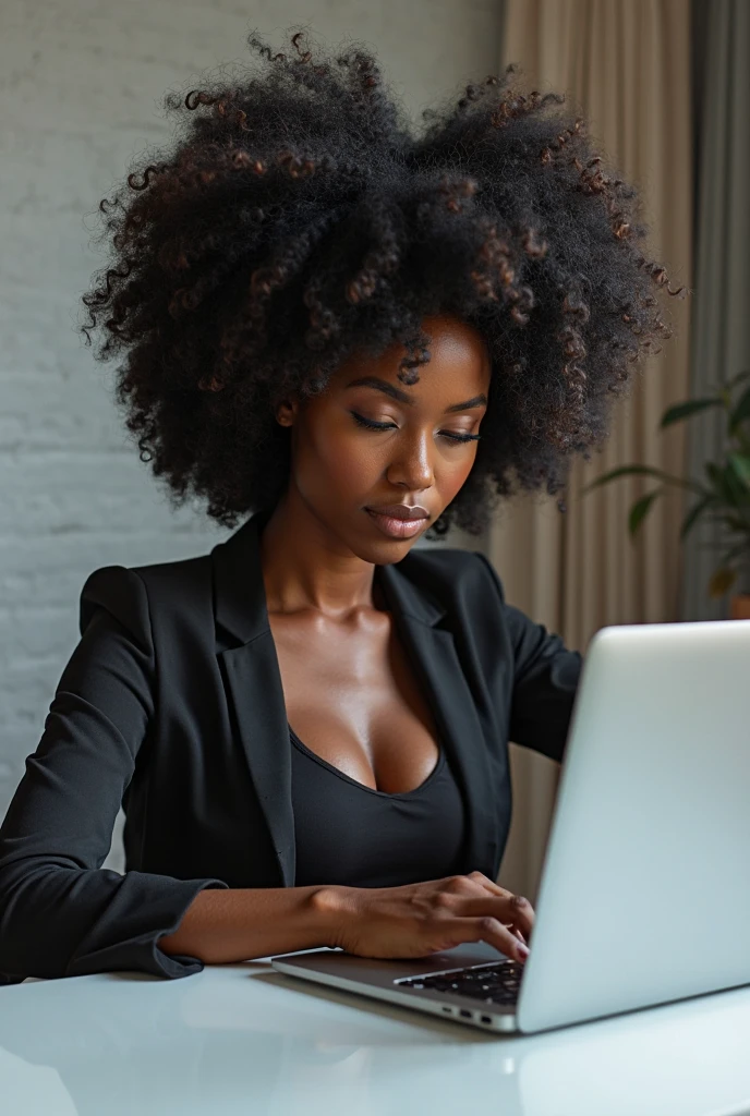 A Beautiful  African lady wearing suit sitting in the studio looking straight to the camera with laptop in front of her 