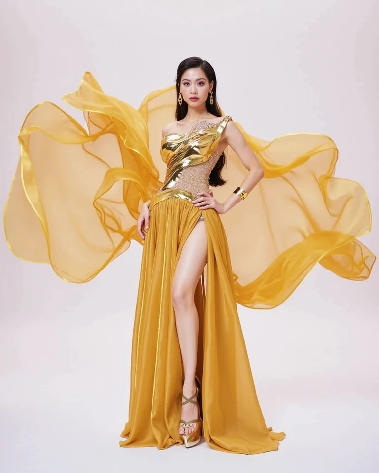 Alafed woman in yellow dress standing on the beach, Flowing gown, fantasy long intricate gown, A flowing dress, ethereal beauty, sexy gown, dressed beautiful gown, jaw-dropping beauty, Flowing yellow dress, full pose, Beautiful Gowns, jen zee, jaw dropping beauty, wearing flowing dress, stunning elegant, Full length view, Yellow gown, translucent dress