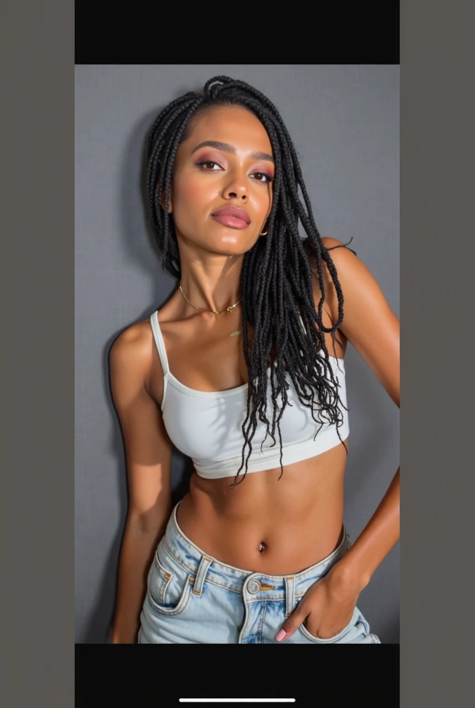 1 girl, extremely beautiful, perfect body, tank top, jeans, necklace, earrings, bracelet, masterpiece, 8K, lifelike