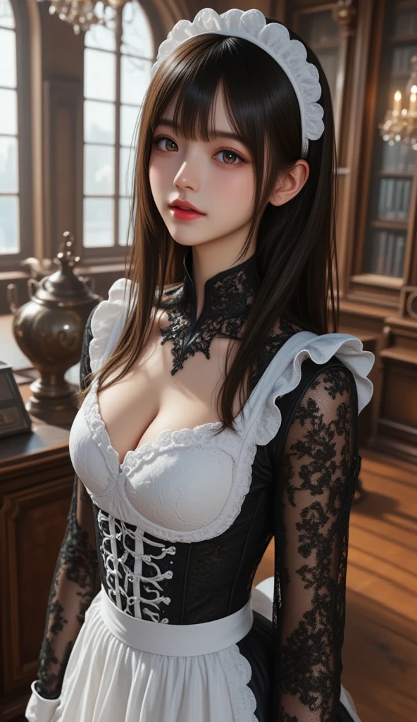 {{{16k}}},{{{masterpiece}}}, {{{best quality}}}, {{{ultra-detailed}}},{{{an extremely delicate and beautiful}}}, {{{vulgarity}}},naughty look, blank eyes, attractive pose, twin tails , Brown hair, With bangs , big breasts, blowjob face, Spread Legs, from above, wearing Gothic Maid , Maid café in Akihabara, depth of field, bokeh, silky smooth skin, extremely high resolution, highest detailed eyes and face