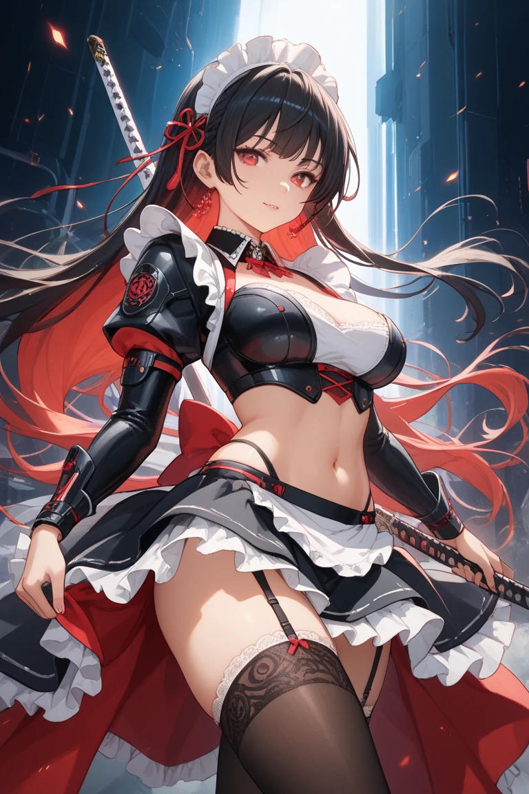 (Best Quality), Dark Fantasy, Big Sword, Magical Girl, Gothic, Twin Tails, Realistic, Ultra Detailed, High Definition, Anime, god, celestial goth, sexy, sexy smirk, fire in eyes, red eyes, scary, horny, medium breasts, dangerous, powerfull, skirt, thigh highs, fishnets, socks