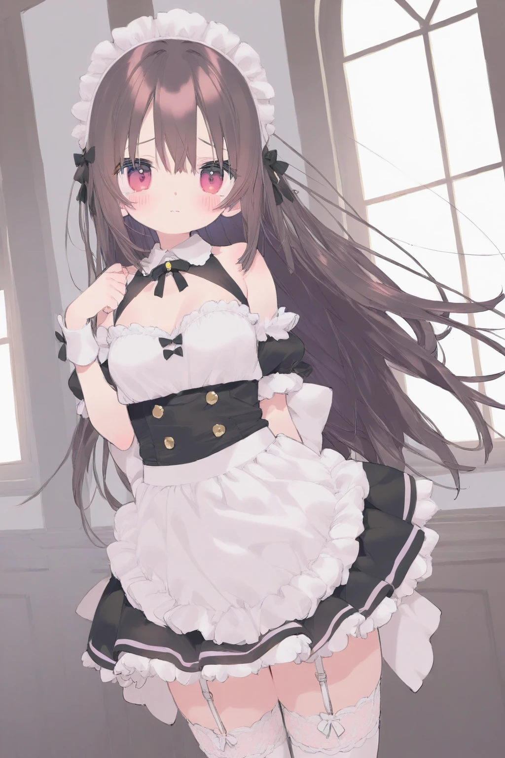((highest quality)), ((masterpiece)), (detailed), Perfect Face, anime, Ultra-fine illustration,((1 person)), ((Cute girl)), Black hair twin tails, Gothic Lolita, gothic lolita outfit, Long skirt, Long dress, Skirt flip, Pull up your skirt, (Showing off frilly panties:1.2), Are standing, blush, Embarrassed expression, Full Body Shot, maid Cafe, indoor,