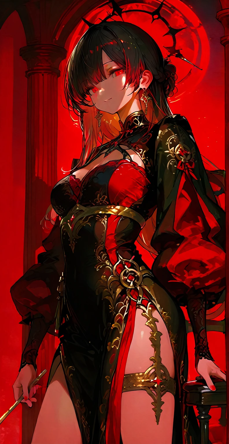 (masterpiece), (highest quality), (illustration), (super detailed), (high resolution), absurdity,1girl,diluc,genshin impact,red hair,wavy ponytail,cleavage,big breasts,((red dress:1.3)),(black stockings),(black fur coat:1.4),(thigh gap 1.5),bracelet,smiles,luxury dining hall,royal ballroom background,studio lighting,standing,cowboy shot,looking at viewer, eyeshadows, eye liner,glistening eyes, hyper detailed eyes, intricate eyes, beautiful eye,((glowing red eyes))、smilling face,standing,seductive pose,bangles,earrings