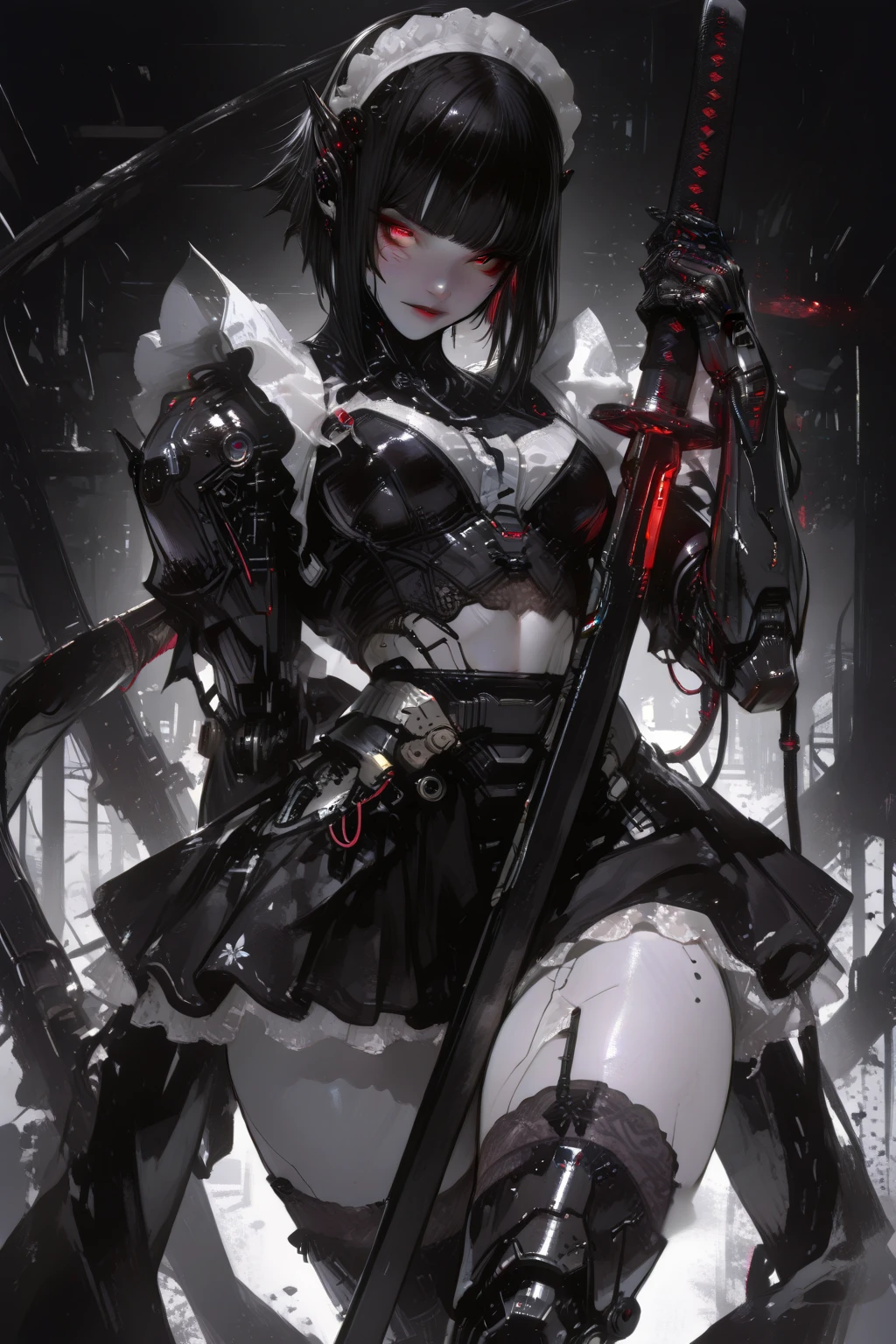 sexy demon woman, perfect body shape, small breast, holding giant scythe with both hand, power armor outfit, silver color breast plate, battle skirt, (royal cape:1.1), main color is matte black, secondary color is purple, ((bloody body detailed)), sexy and devil aura, original character, masterpieces, seducing purple pupil, black high pony tail with some purple hair, 20 years old, walking under blood moon and middle of the destroyed city street, high quality anime 4k wallpaper, purple gem accessories, golden belt, golden necklace, windy and holy effect, devil tattoo on whole body.