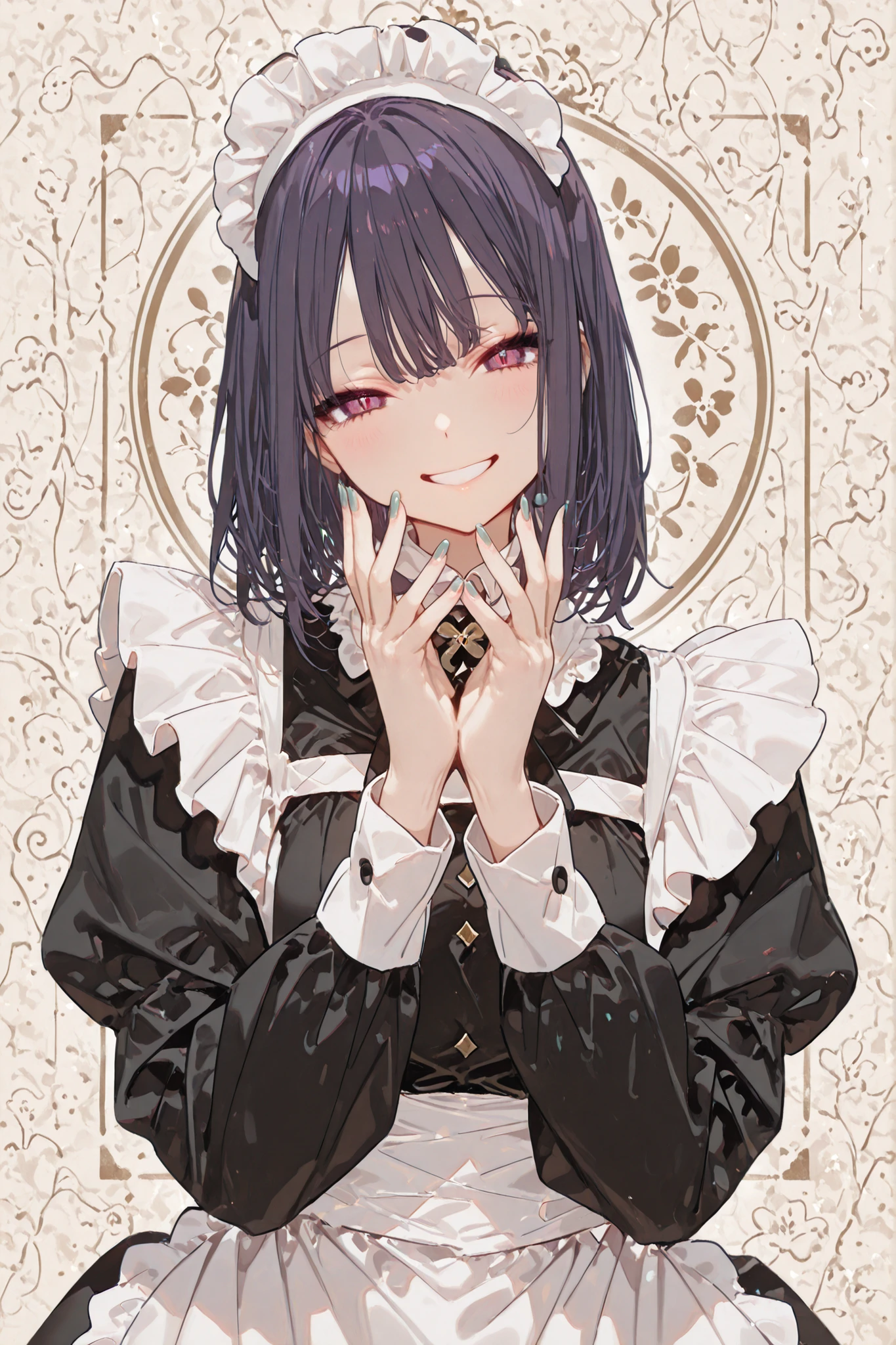 Background:Royal Family,Maid,womanhood,solo,Maid服,Beautiful nails,polite,Strict,smiling,Backgroundは優しく照らされている,beautiful,Anime Chic,safe content(masterpiece, 最High Quality, High Quality, 詳細なBackground, complicated details,complicated,ultra high resolution, とてもbeautiful,Newest:1.2)