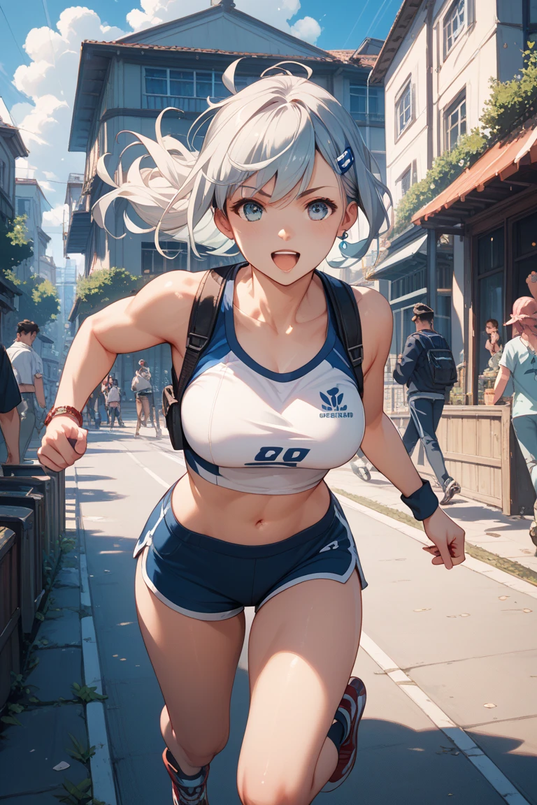 Girl, white hair, blue eyes, ponytail the flares out, hat, mole next to left eye, mole next to right eye, blue sports shirt, happy and energetic, toned body, toned thighs