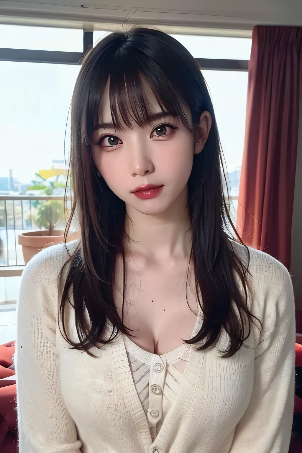 Wearing a knitted sweater & mini skirt, (Lift up your skirt to show your underwear:1.3), Realistic photo, of Japanese, nude,  Lie on the bed with your legs spread, The lower body is a futuristic machine, Detailed face and body, Natural light, High resolution, photoRealistic, (Highest quality,8k,High resolution,masterpiece:1.2),Very detailed,(Realistic,photoRealistic,photo-Realistic:1.37),Realistic skin texture,Beautiful long eyes and lips,Beautifully detailed face,Long eyelashes,Smooth Skin,Natural body shape,((Medium Hair,Straight Hair,Keep your bangs straight down)),(Thin face,Small jaw,Wide forehead)