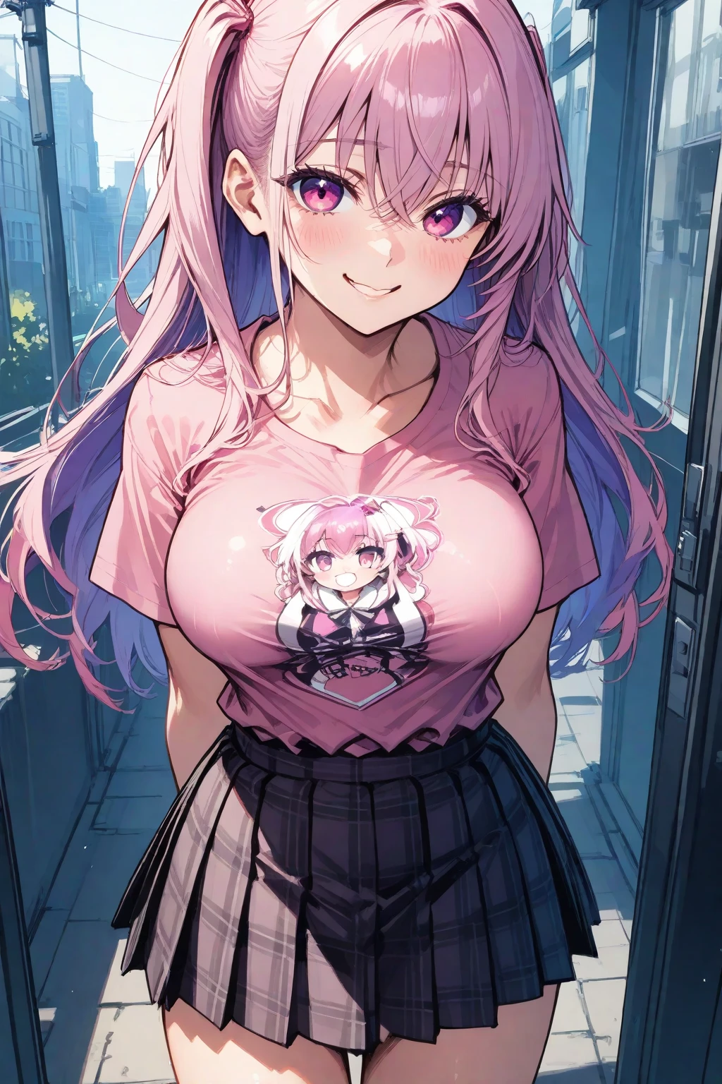 (masterpiece、top-quality、ultra-detailliert)、((1 girl))、((Pink hair twin tails))、light blue eyes、evilsmile、piercings、((very Bigger breasts))、jirai fashion、pink clothing、frilld、a black ribbon、Black miniskirt、cowboy shot、Downtown background at night