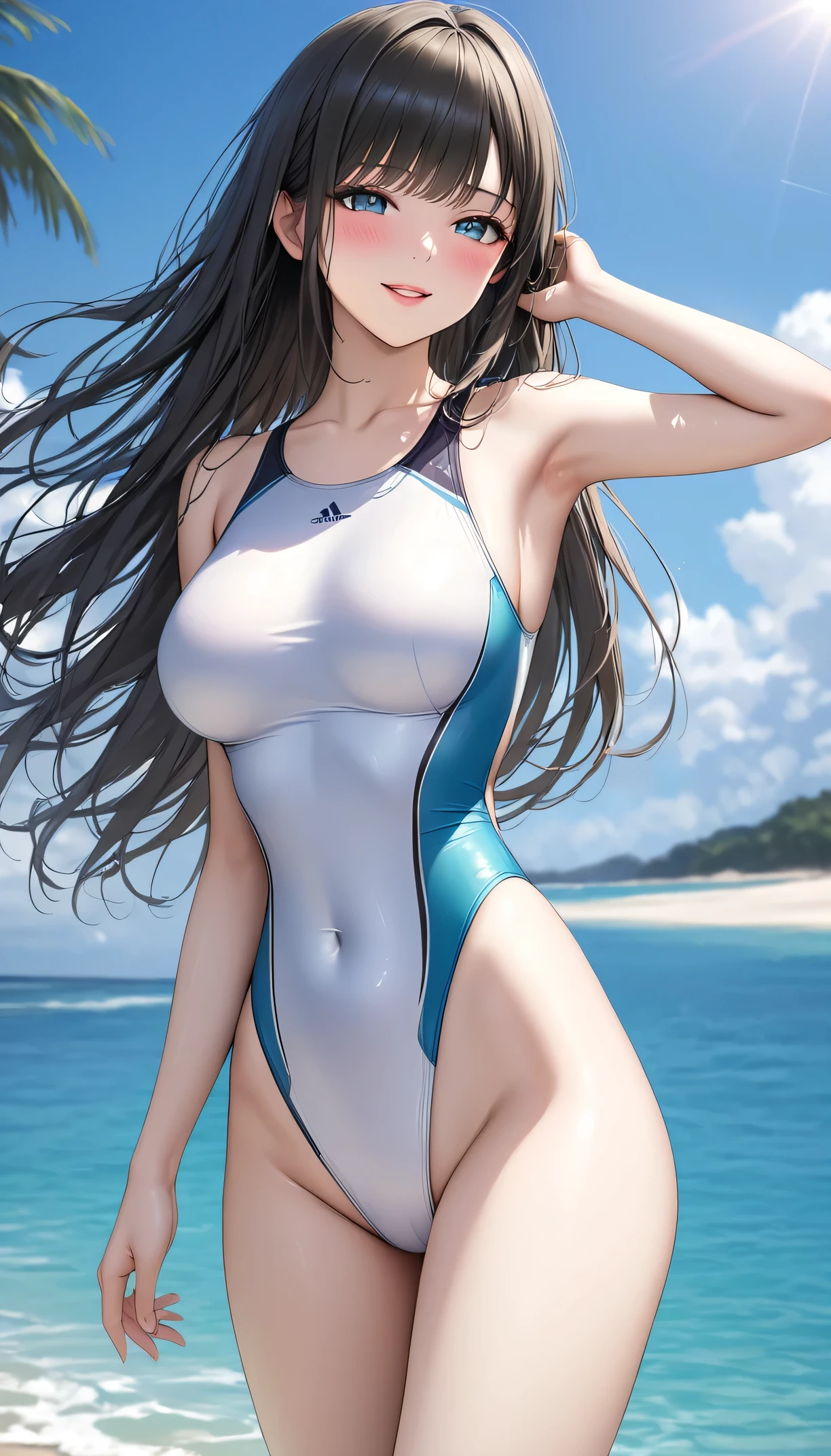 very cute and beautiful girl,teen,(very detailed美しい顔と目:1.2),blue school swimsuit, Are standing,stylish pose,looking at the viewer,Poolside,colorful flowers,distant school building,smile,black hair,dynamic angle, (highest quality,masterpiece:1.2),High resolution,very detailed,alone, hair blowing in the wind,beautiful detailed sky,(realistic),perfect hands,