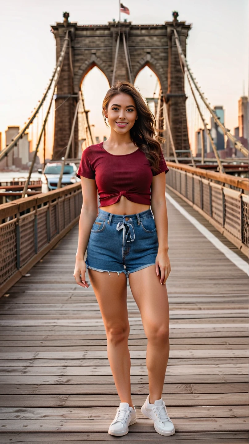 a hot woman, natural makeup, long and straight hair, (slender body, braless, saggy breasts, model pose, long legs), (casual red tight shirt with o-neck spandex loose short-sleeve), (denim short pant), high heels, stilettos, daylight at rooftop, skypercity background, dynamic light, depth of field, dynamic angle, candid, full body, front view