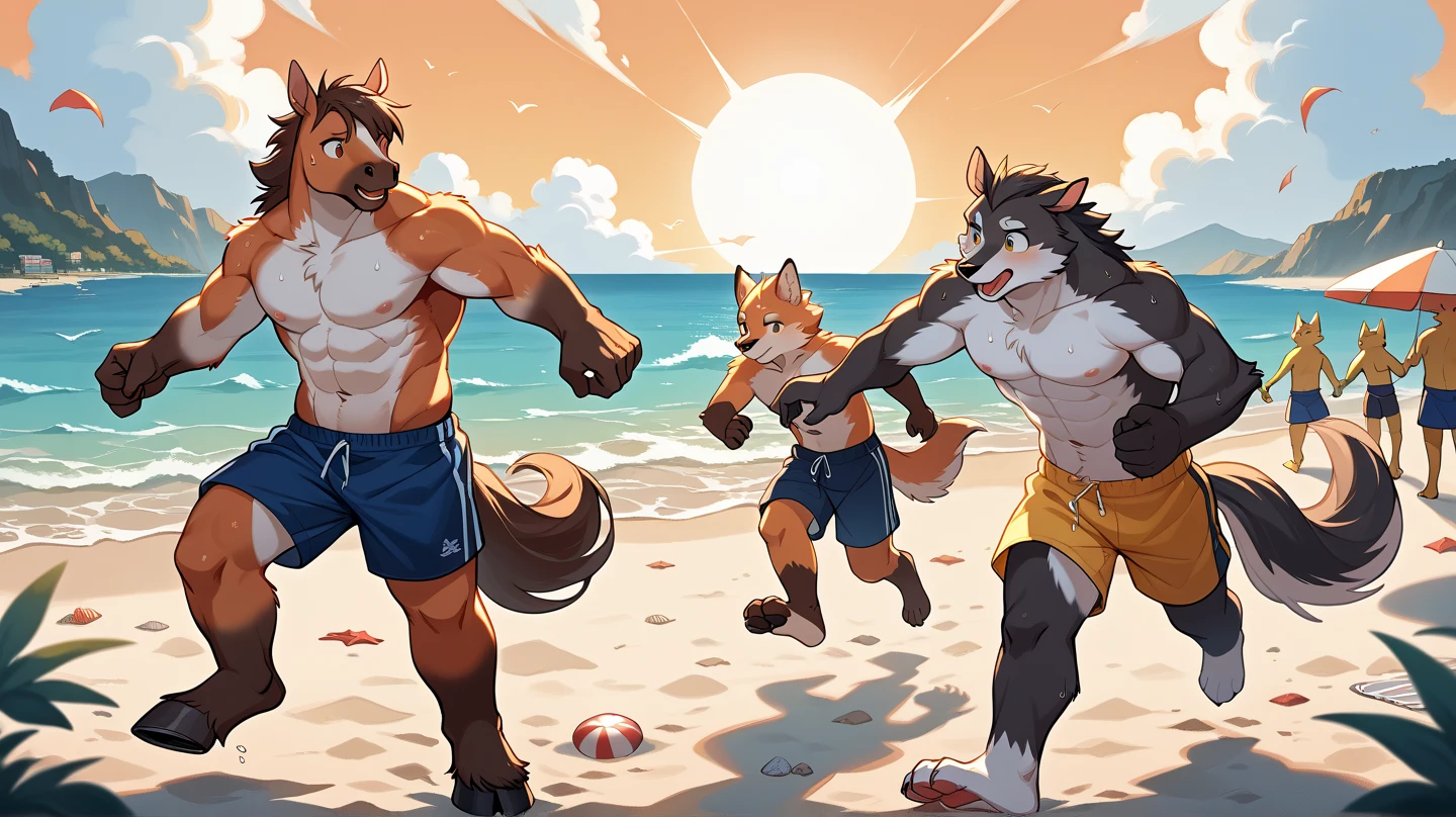 Masterpiece, Duo, Male Furry, Perfect eyes, Fierce, Adult Face, Muscular Body, Cool Pose. Beach Background.