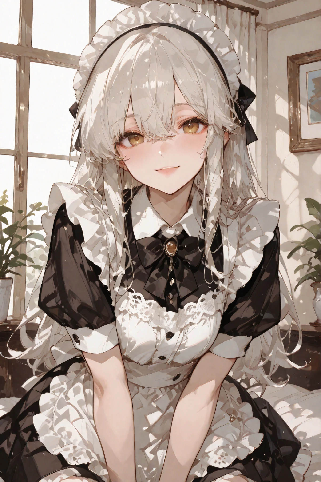 「Maid様」。lace apronを身にまといながら、Who is the girlfriend that everyone prostrates?。Maid、lace apron、bow、beautiful smile、Delicate body type、A soft gaze、kind smile、Graceful Posture、delicate hand movements、大勢のMaidの先頭に立っている、大勢のMaidは怖がっている