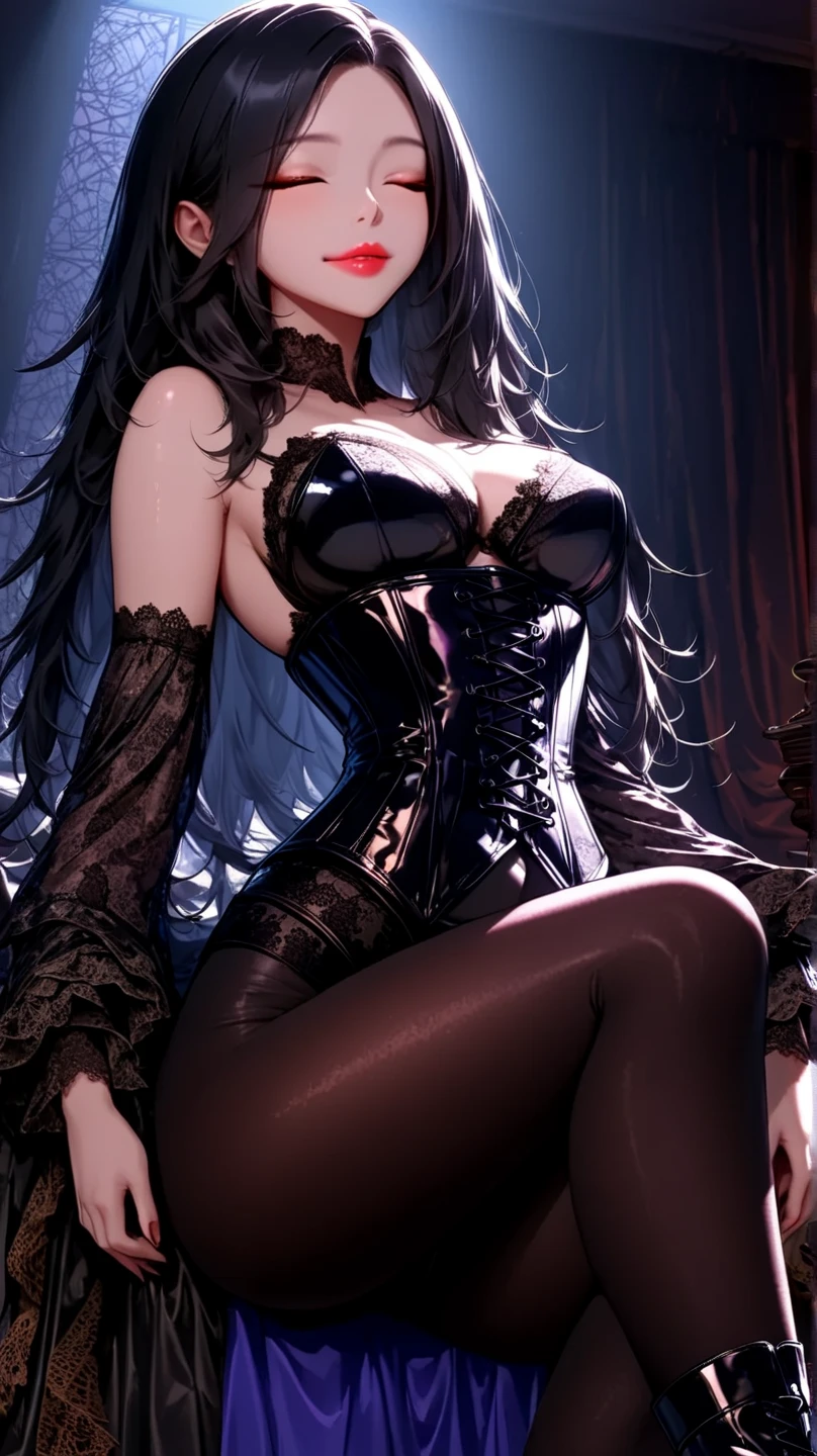 A 13-year-old girl with pale skin and long hair。, Straight black hair. big, black eyes , With an intense and mysterious look. Wearing costumes from the Orphan movie, With a more elegant and sophisticated touch, Something that matches her mysterious and strong personality. whole, Her appearance will be impressive, Attracts curious and inquisitive gazes. flat chest, Cinema Lighting, chromatic aberration, Backlight, masterpiece, Attention to detail, high quality, 4K.