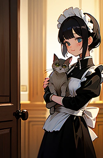 Lori huge breasts cleavage,cat ear,blue long hair,the maid outfit,Cute pose,Laugh happily,high high quality,high qulity