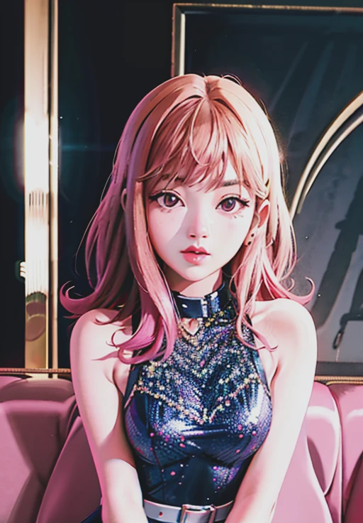 young woman, short shoulder-length pink hair, wide forehead, porcelain skin, pink eyebrows, big emerald green eyes, buttoned nose, full lips, heart-shaped face, slender body, small breasts, red tank top, Sakura Haruno , realistic, realism, details, 3d, well detailed