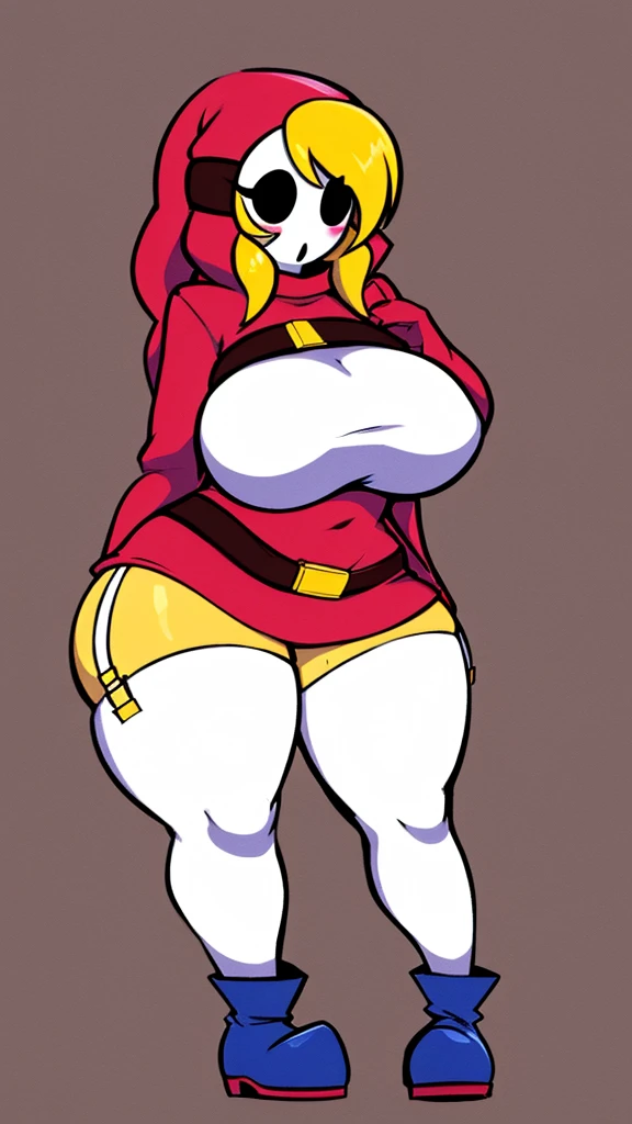 ((BLACK BACKGROUND,1:2, masterpiece)) full body MILF BIMBO standing with two long thighs and two metal sandals, red eyes, two-tone hair, brown hair, silver white hair, short bob style hair, big breasts, cleavage, separate sleeves, tiara royal, long cape up to two feet, yellow bikini, hands on waist, navel, toned body, lustful smirking smiling, smile face (red blushed, red cheeks), metal shoulders, gold sleeveless armbands, black leather choker slave collar (leather choker with big golden bell), shackle bracelets, red crest, pauldrons, breastplate, leather corset, eye focus, full body, whole body, 1solo, loincloth standing, hands on hips, big belt, view from below, feet together, bracers, tiara)