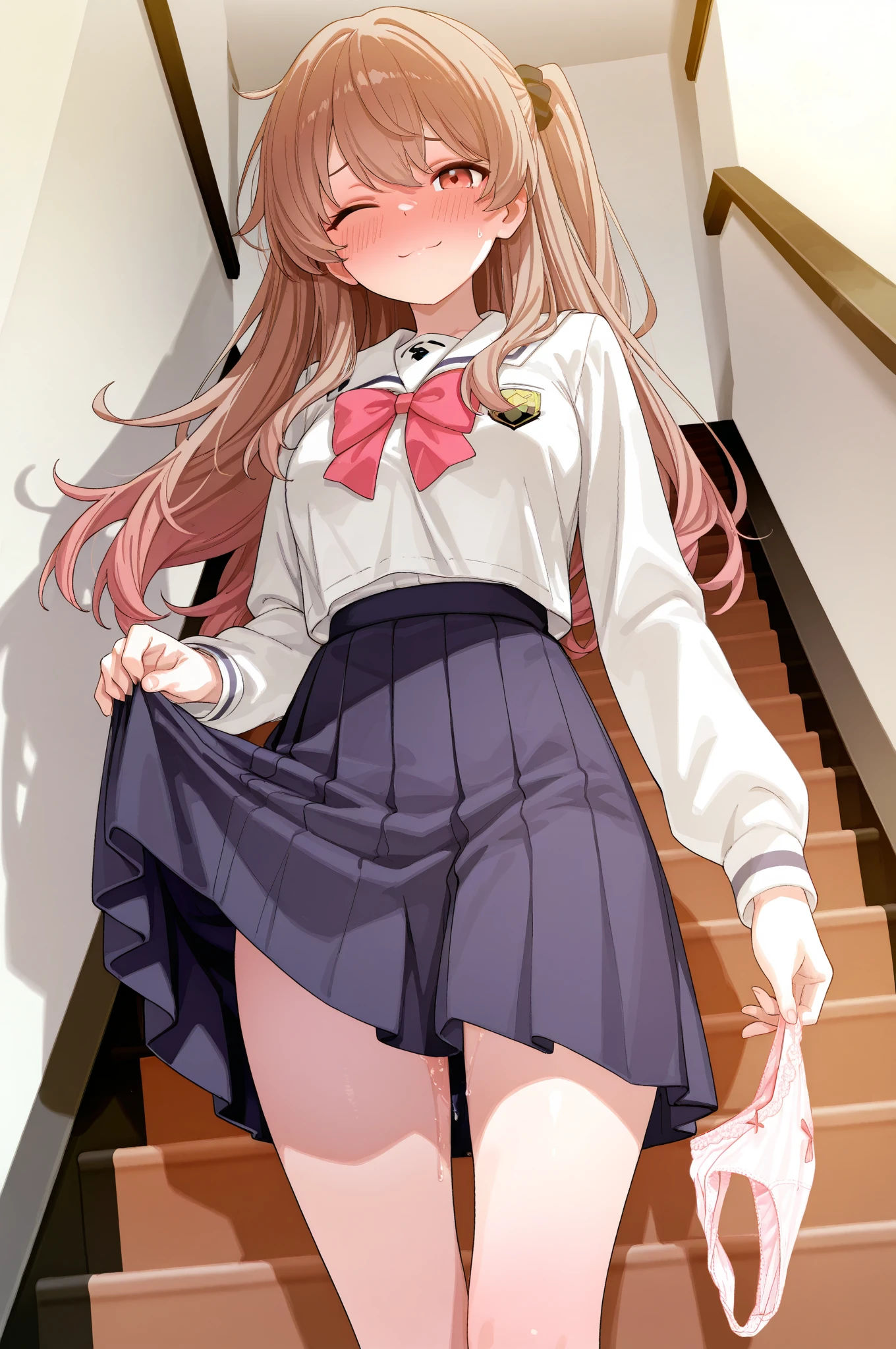 1 beautiful girl of 20 years old, anime girl, climbing the stairs of the house, wooden stairs, home interior, brown hair, bangs, hair over shoulder, long hair, messy hair, wavy hair, hair one side up, bangs pinned back, hair scarf, hair ornament, hairclip, heart hair ornament, raised eyebrows, aqua eyes, wide eyes, heart earrings, blush, bright pupils, puckered lips, confused, pensive, a finger on her lips, jewelry, glossy lips, necklace, pink blouse, long sleeves, navy blue skirt, short skirt with ruffles, yellow panties, panties with lace, big and round breasts, thin waist, shapely thighs, open legs, shows her ass, One side up, wallpaper, detailed eyes, extra detailed face, Highly detailed CG, (upskirt:1.3), from behind ,(view from behind), from below, from side, looking back at viewer, pov, illustration, high detail, anime, Art Deco, glowing light, dithering, image fill, framed, perspective, Wide-Angle, f/1.8, 85mm, 135mm, Sony FE, 8k, super detail, UHD, retina, masterpiece, accurate, anatomically correct, high quality, best quality, highres