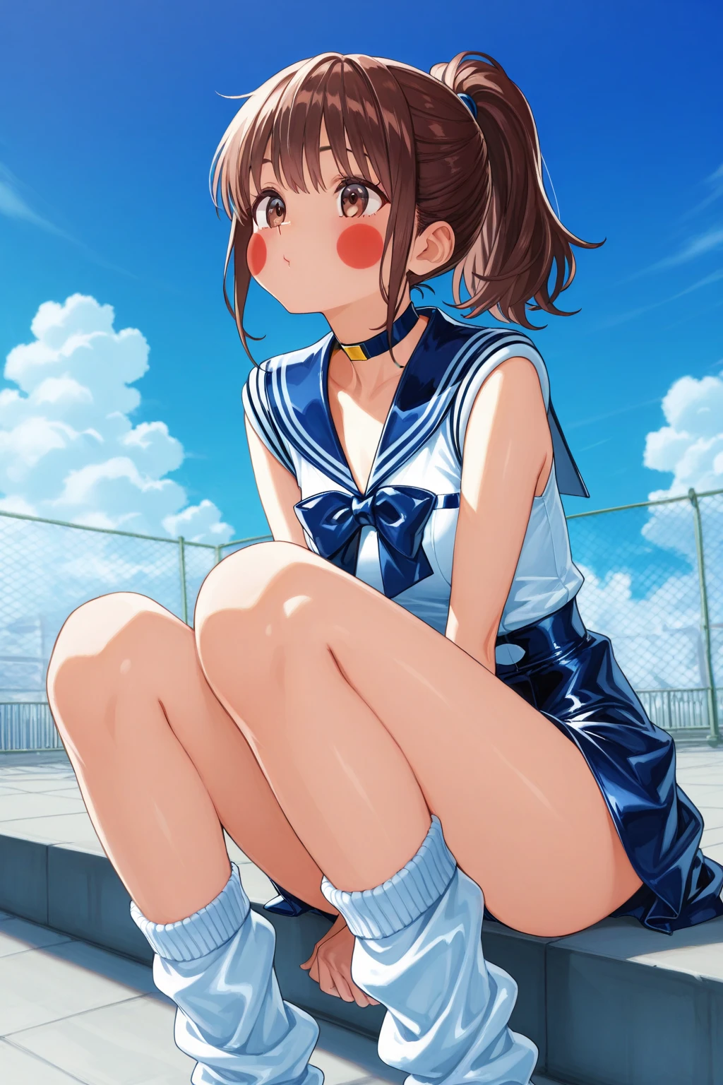 Highest quality, masterpiece, High resolution, alone, ((Perfect hands, Perfect Legs, Perfect Anatomy)), {inazuma_Kantai Collection}, brown_hair, Folded_ponytail, brown_eye, length_hair, Open_mouth, smile, School Uniforms,skirt,プリーツskirt,((Flat Chest, Small breasts)),navel, (White panties), (In underwear), (lingerie), (Outdoor), (skirtリフト),((nsfw)), Wet clothes, ((Panty shot)), show off panties, ,(spread legs, legs up), cameltoe,((uncensored))
