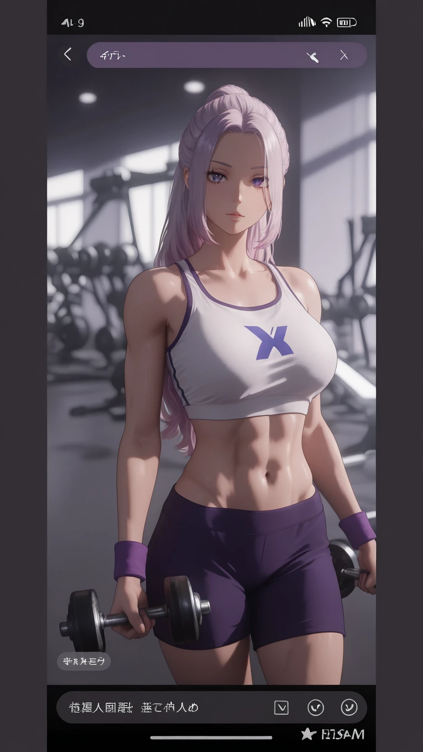 A beautiful green hair woman with three braids and deep blue eyes, gazing condescendingly at the viewer with a cute grinning expression, extremely detailed and realistic, masterpiece quality, ultra-detailed, HDR, studio lighting, vivid colors, physically-based rendering, thick muscular thighs,Cute gym clothes, large breast
