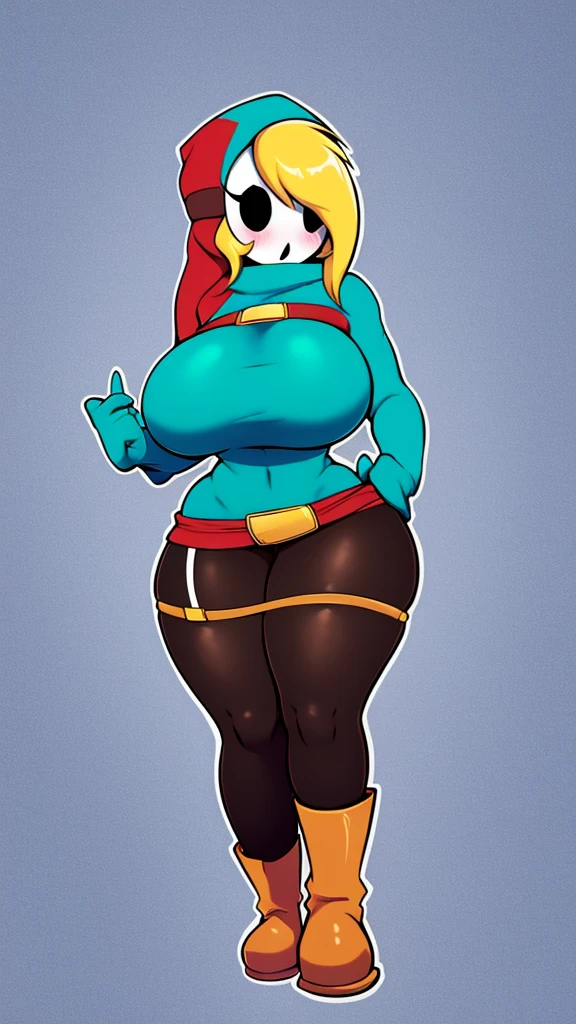 Sexy girl big breast cute cavalry long straight curly yellow hair her blue eye wears blue sleeveless top shows navel and long metallic black pants big thigh sexy brown boot