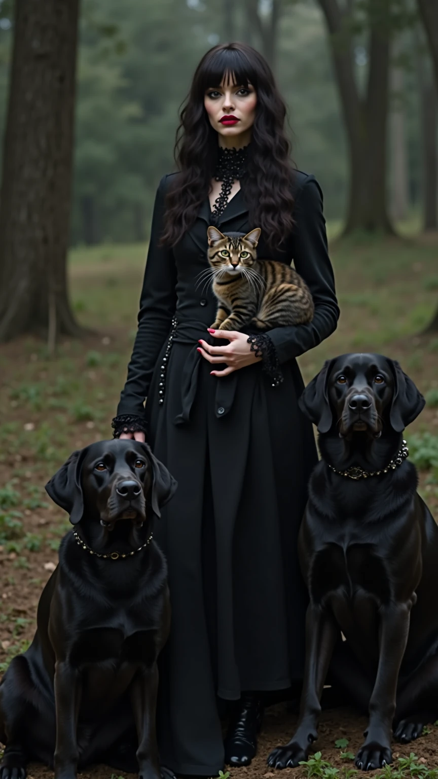 She walks with her black cat through the forest 