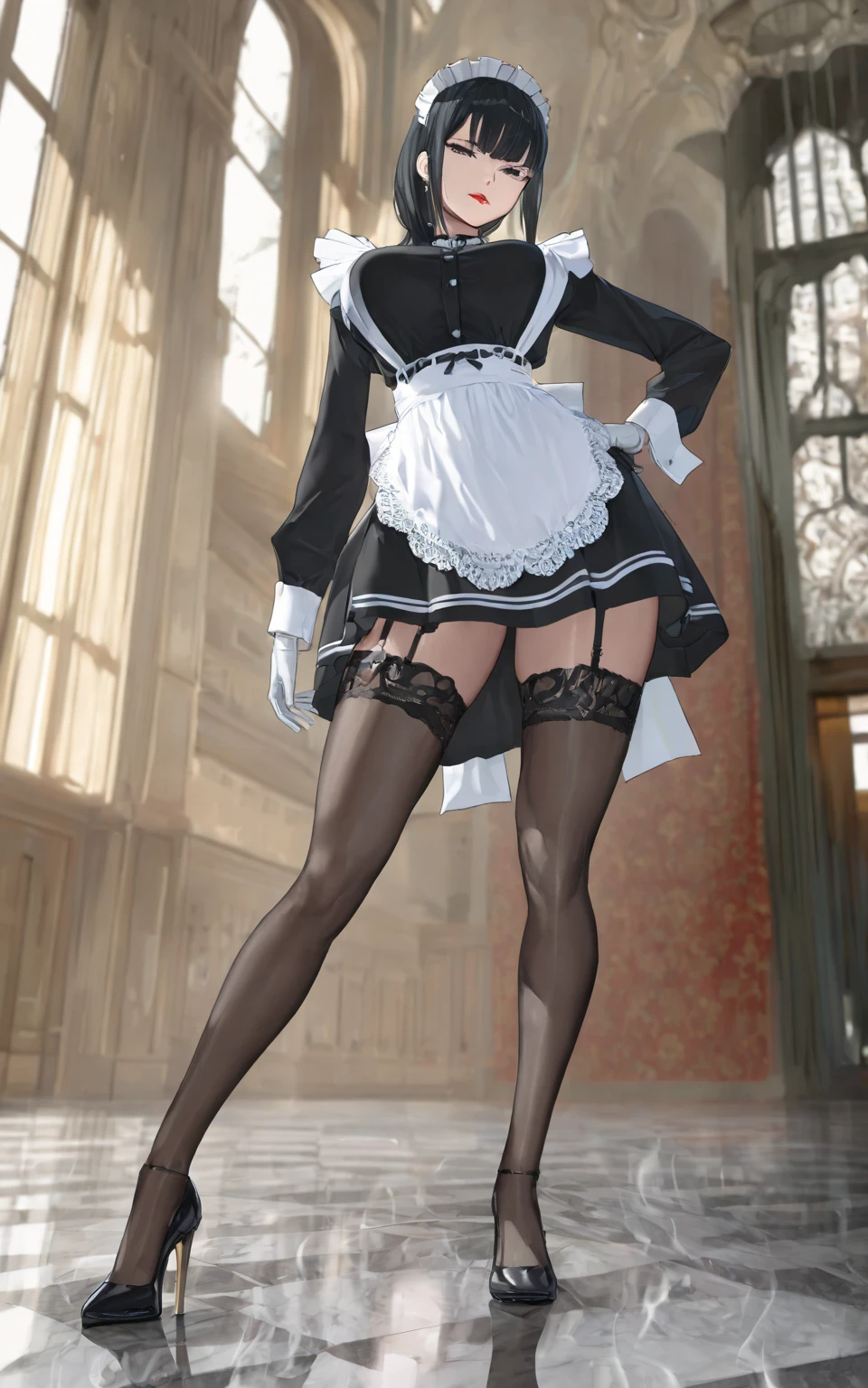 there are two women in black stockings and stockings sitting on a bed, wearing stockings, stockings, thighhighs and skirt, exquisite and smooth detail, silk stockings, wearing stockings. side-view, detailed shot legs-up, thigh highs, close-up on legs, up close picture, thighs close up, french maid, loish and wlop