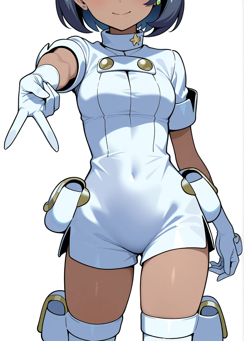 (masterpiece、Highest quality、Highest Resolution、clear_image、detailed explanation): (Full body portrait、、Very slim:1.4、Thin thighs:1.3、Long legs、(Raise your arms、Show me your armpits:1.3)、The Face of Japan、Small face、thin、Navy blue super short bob cut hair、Blue colored eyes、((Navy long sleeve space suit))、Cute type、A kind smile、Soft impression、(((Knee-high boots)))、Elbow-length gloves、Eye-level shot、face directly、Woman on a spaceship), (((Camel Toe))), ((Pure white leotard))