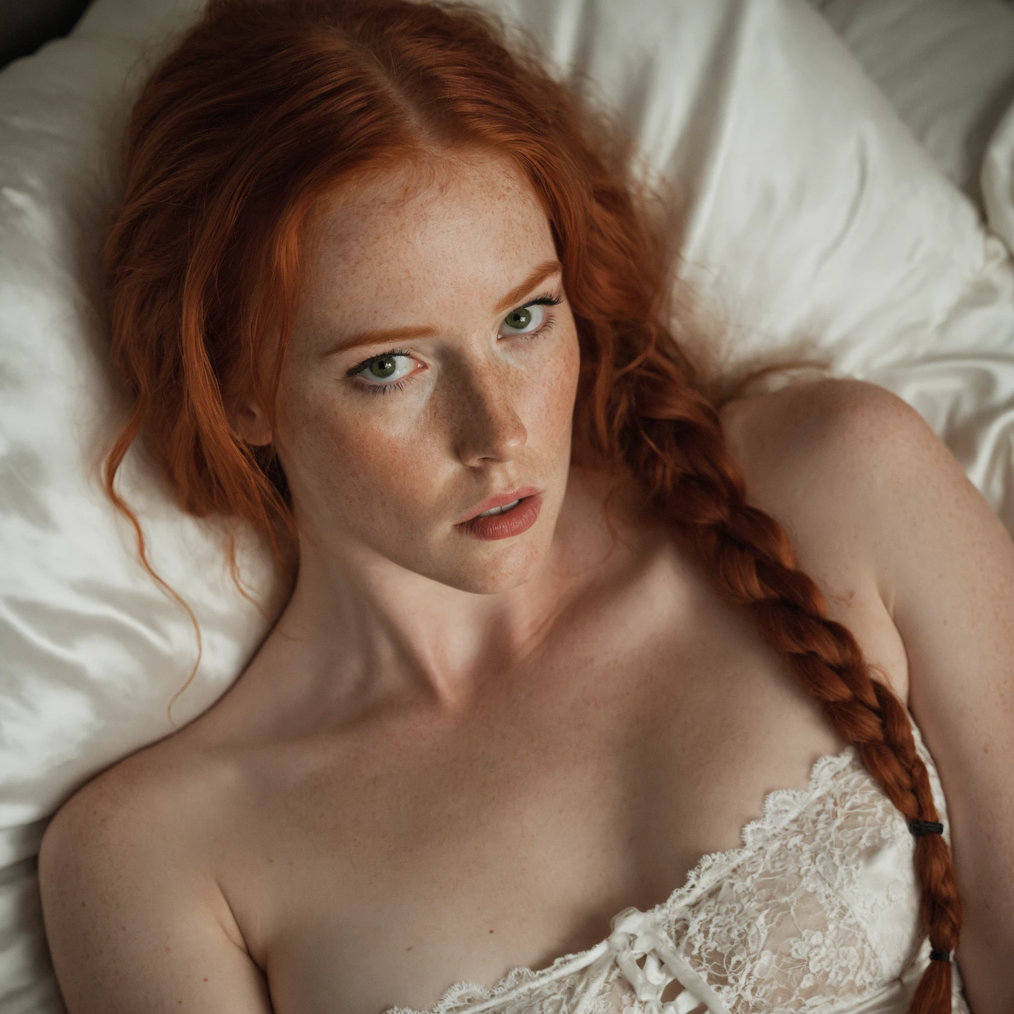 foto do instagram, Close-up headshot of the most beautiful redhead woman you know, Novo, Fission, pale skin, (sorrir:0.4), Sombras duras, melhor qualidade, work-πrhyme, ultra high resolution, (fotorealistisch:1.4), Foto RAW, 1Meninas, ((Novo)), ((peito grande)), luz fria, big booty, NSFW, posando na cama, gabar, mostrando as pernas, programa,