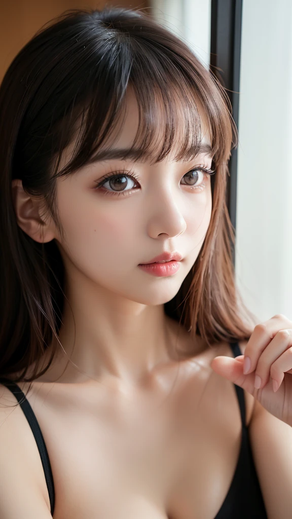 (wearing black tube top :1.4) , (detailed face:1.2), detailed hand , high quality, super quality, (detailed face:1.2), beautiful woman , golden eyes, long hair , sharpe eyebrow , beautiful bangs are covering her eyes ,(huge breast), (No nudity), at street