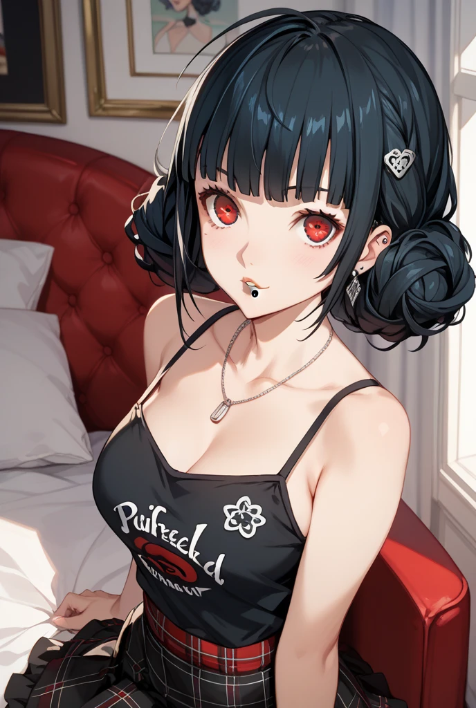 Amazing portrait of a cute goth woman with her short black hair in a bob hairstyle and she's wearing heavy eyeliner around her eyes and she's gazing at you seductively she wears an off shoulder t shirt that is orange and black with black bra straps