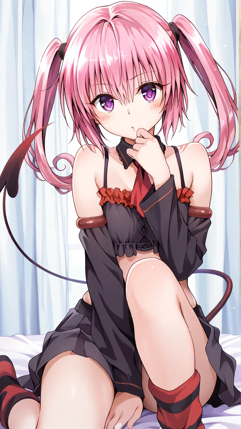 NSFW,masterpiece,Highest quality,High resolution,Very detailed,Nana Asta Deviluke\(To Love-Ru\),Pink Hair,Purple Eyes,long hair,Twin tails,tail,Devil's Tail,Small breasts,(High quality sexy dress),is nervous,(Lustful face),Nightlife,Love Hotel,prostitution,(Prostitute),(Sex slave)