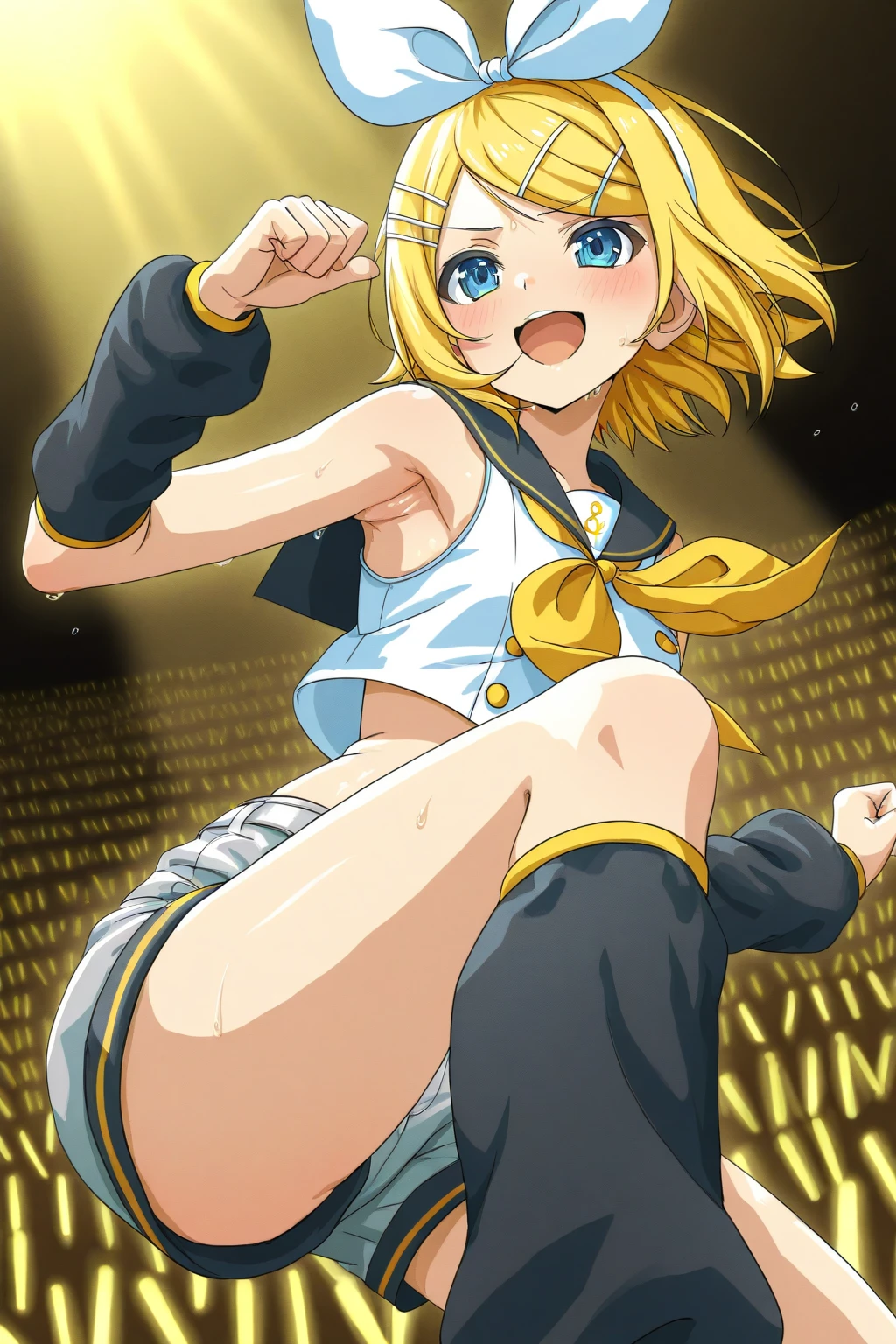nsfw、BREAK Perfect Anatomy、Highest quality、(cute:1.1)、(cute)、(High resolution:1.2)、Unbelievably absurd:1.3、Incredible illustrations、(cuteイラスト:1.2)、Beautiful background、(1 girl) 、solo)、(10th Generation、JK、Loli face、Small breasts:1.2)、 Blonde hair and blue eyes, Long twin tail hair,Brown muscle 1:2, Cute Hips, slender、evil grin,(Sleeveless sailor shirt、mini skirt、Micro bikini pants、(see through、crotch grab、cameltoe),White garter stockings、Headphones、Glasses、Bonbon),armpit、crouching