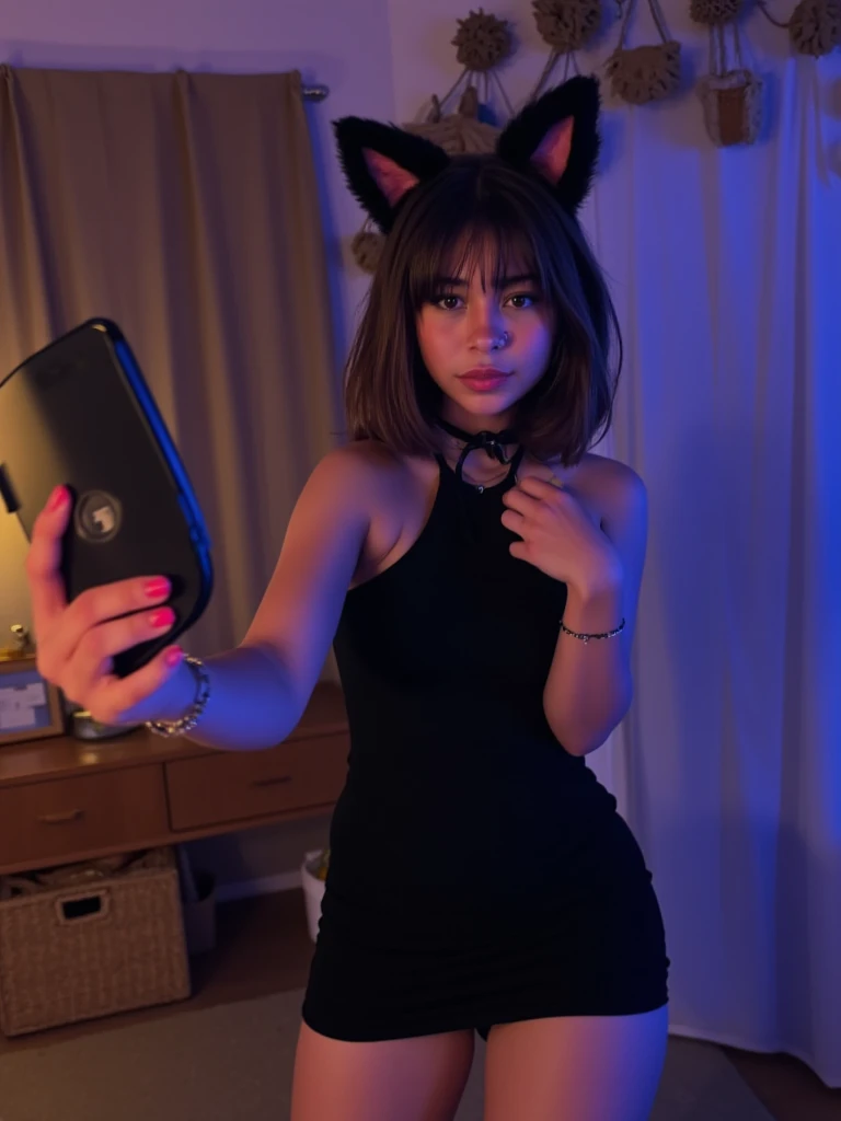 masterpiece, top quality, high resolution, solo, dark hair, dark eyes, dark clothes, scruffy bra, sexual expression, teenage bedroom, orange and white fox