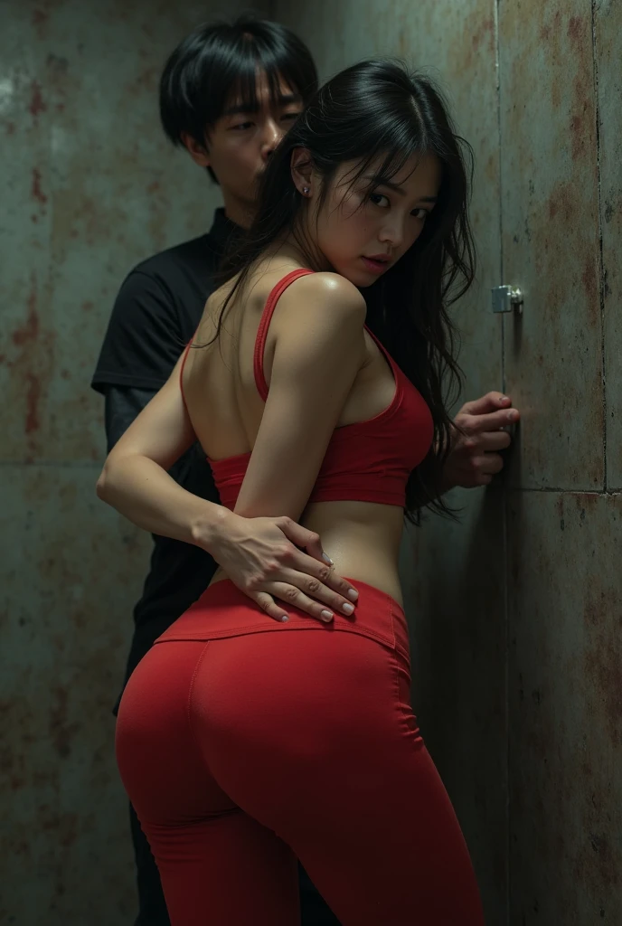 ((5woman attacked by another man. Lie down and push your butt up)). ((22 years old,japanese woman, long black hair、ponytail hair))、flat chest、slender body shape、thin waist、small ass、thin legs、Wearing a tank top、 slum、At an abandoned school that is about to collapse、Inside a dirty classroom with trash scattered around、open the thighs、A man's penis is inserted into her pussy from behind、 Another man tore off her tank top and exposed her breasts.、 I can see the nipples、desperate look、cry out