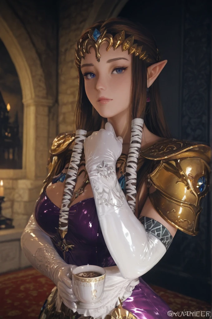 masterpiece, highres, photorealistic, best quality, 8k, best quality, ultra-detailed, perfect lighting, cinematic lighting, adult, mature, female, 1girl, solo, warm light, candle, evening, night, wood, tavern, feast, <lora:CHAR-ZeldaTP:0.6>, princess zelda, twpr, nintendo, the legend of zelda, purple robe, portrait, upper body, cleavage,