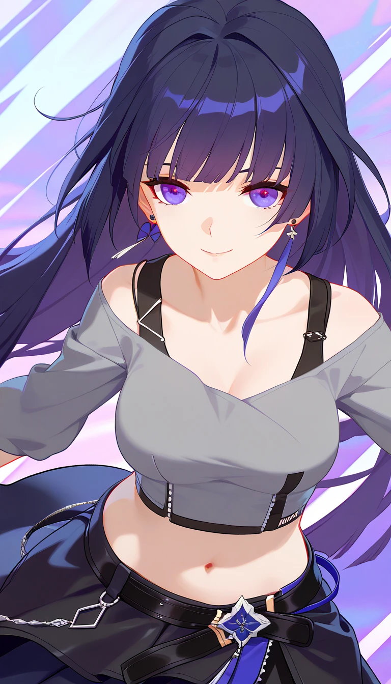 1girl, white background, red eyes, long hair, purple hair, bangs, crop top, bare shoulders, sleeveless, mini skirt, large breasts, cleavage, soft stomach