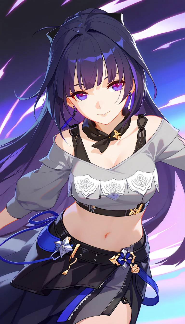 (masterpiece, best quality:1.2), 1girl, solo, Mejiro McQueen, Mejiro McQueen\(umamusume\), silver hair, long hair, horse ears, horse girl, long hair, glowing eyes, layered skirt, (dark magical girl), corruption, combatant, pelvic curtain, looking at viewer, shiny glossy skin, on stage, concert, spotlight