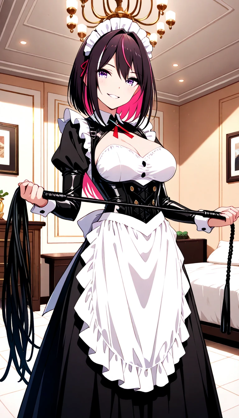 Browsing Caution:1.1,masterpiece:1.3,Detailed and beautiful depiction 1.3,Official Art,Beautiful adult woman ,Megurine Luka,Pink long hair,blue eyes,Large Breasts,The temptation of a sexy smile,Maid clothes,Cowgirl sex with a short penis,Shaking breasts,sit,Sigh,Bedroom