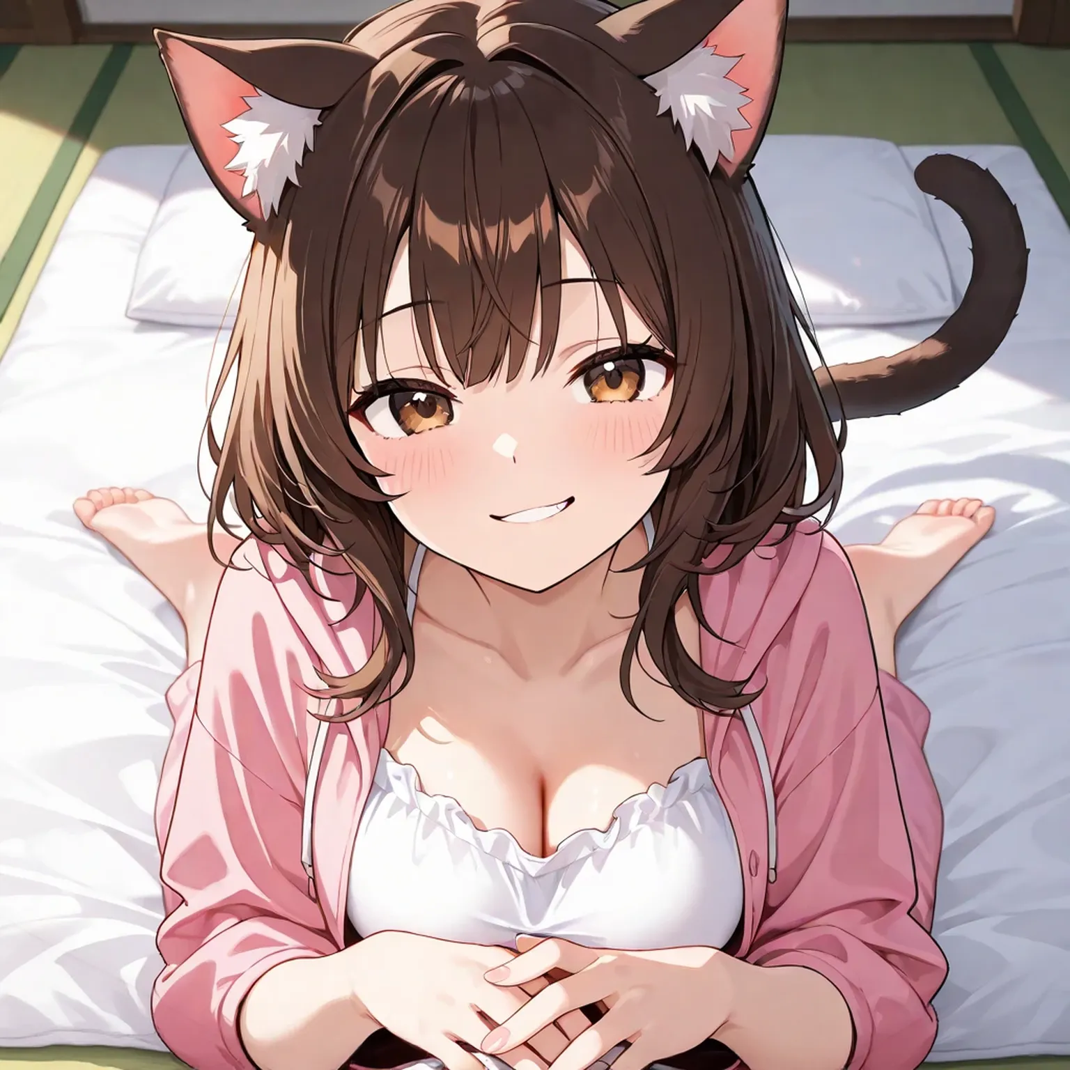 masterpiece, (Best Quality:1.4),(Perfect Anatomy:1.4), High Quality, very_high_resolution, Ultra Detailed, large_filesize, Full Color, Detail, 8K, 4K, High Resolution,Symmetrical,Extraordinary, Best Aesthetics, New, Latest, Very Detailed, Anime, Detailed Beautiful Face and Eyes, Very Detailed Body, Very Detailed Hair Lovely Hands, Perfect Hands, Beautiful Hands, One Girl, Cat Ears, (Big, Big Looking cleavage, Brown hair, Trimmed Semi-Long Hair, Long Sleeves, Looks Good:1.5), Changing clothes, (Girl cross-legged on 3 tatami mats, :1.4), (Dynamic Angle, Looking Sideways, Cowboy Shot, Sports Bra, Camisole, Cotton Panties, School Skirt:1.2), (showing her teeth and laughing, 17 years old, brown hair, short hair, cat ears, aqua eyes, slender girl), (3 Japan apartment, daylight, light), BREAK, being stroked on the head