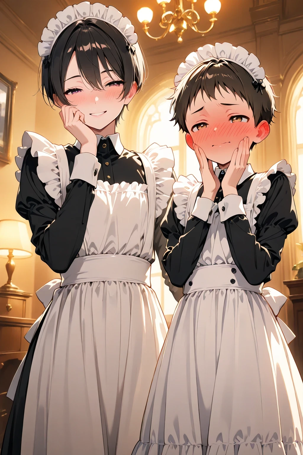 slightly low angle, slightly height difference, teenage male boy standing, very short hair, flat chest, crossdressing, wearing maid outfit, maid headdress, apron, half-closed eyes, adoring gaze, full-face blush:1.3, ear blush, nose blush, embarrassed, touching his own cheeks with both hands,
female adult curvaceous maid with medium hair next to him, smiling warmly, expressing admiration, looking at him,
luxurious room, cinematic composition, warm lighting,