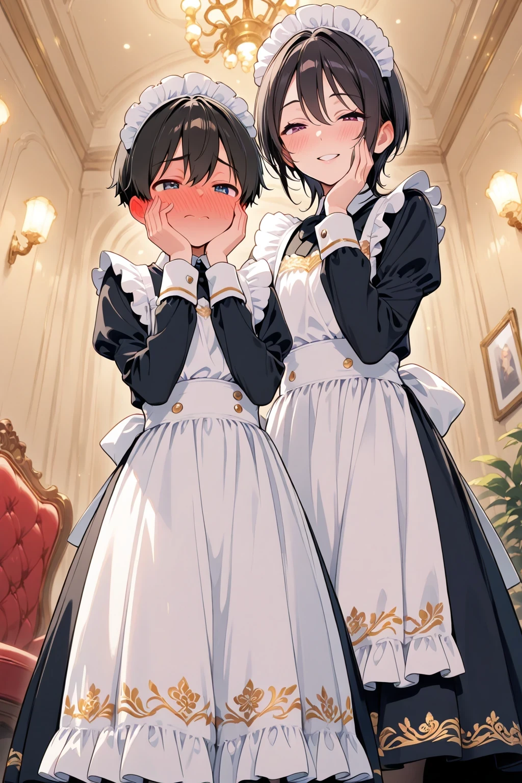 slightly low angle, height difference, teenage boy standing, short hair, flat chest, crossdressing, wearing special navy maid outfit, maid headdress, apron with gold embroidery, pumps, half-closed eyes, adoring gaze, full-face blush:1.3, ear blush, nose blush, embarrassed,
female adult maid wearing normal black uniform in background, smiling warmly, touching her own cheeks with both hands, expressing admiration, looking at him,
luxurious room,