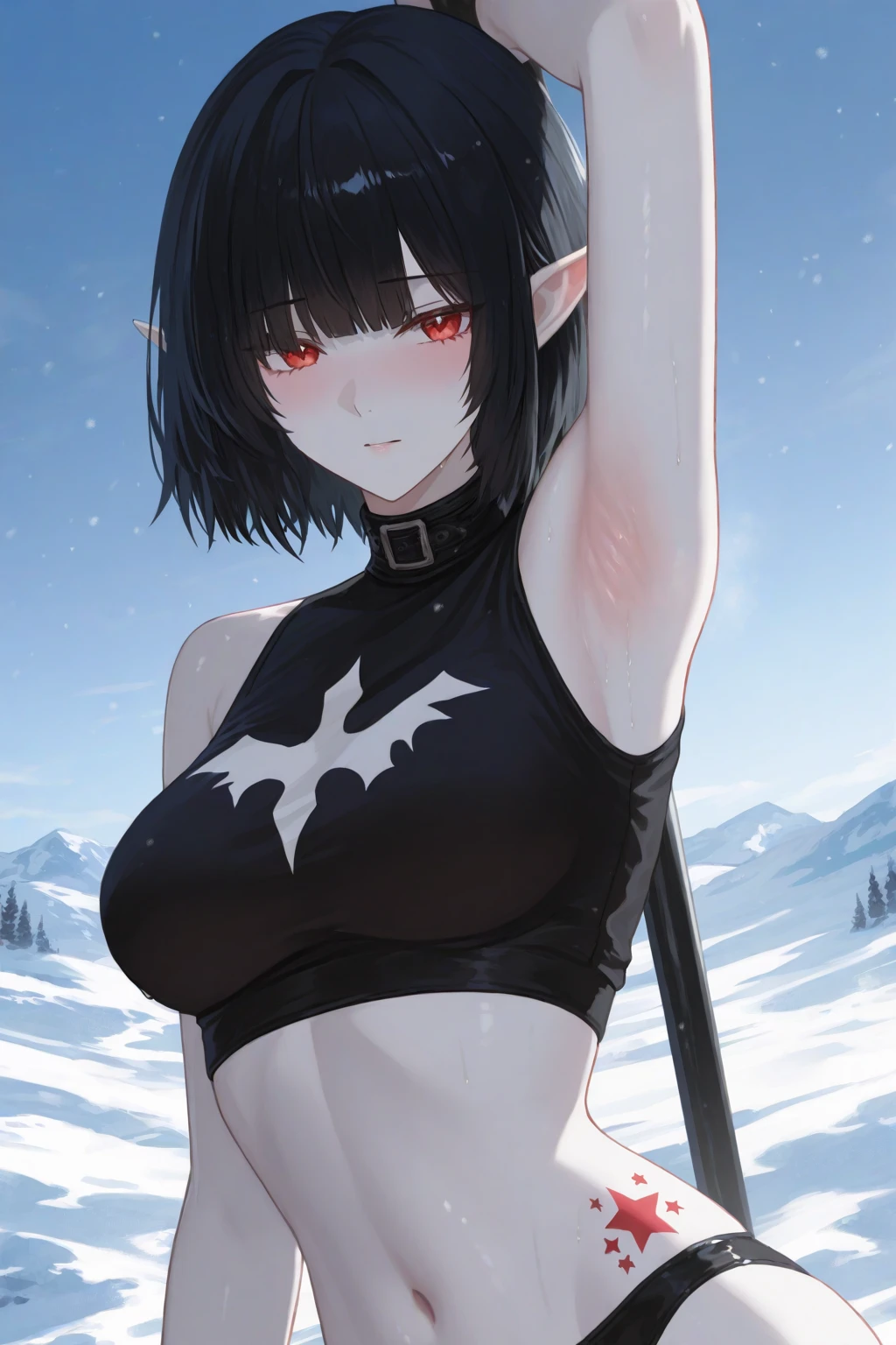beautiful demonic woman, naked, white long hair, pubic hair,covered in blood, fangs, horns, grim forest, from back, ass
 <lora:sexy_female_warrior_suit:1> 1girl, black criss-cross bikini, halterneck,(black pelvic curtain), black thongs, cleavage, bare shoulders, bare arms, stomach cutout, navel, chains, large breasts, thighs, black sandals,