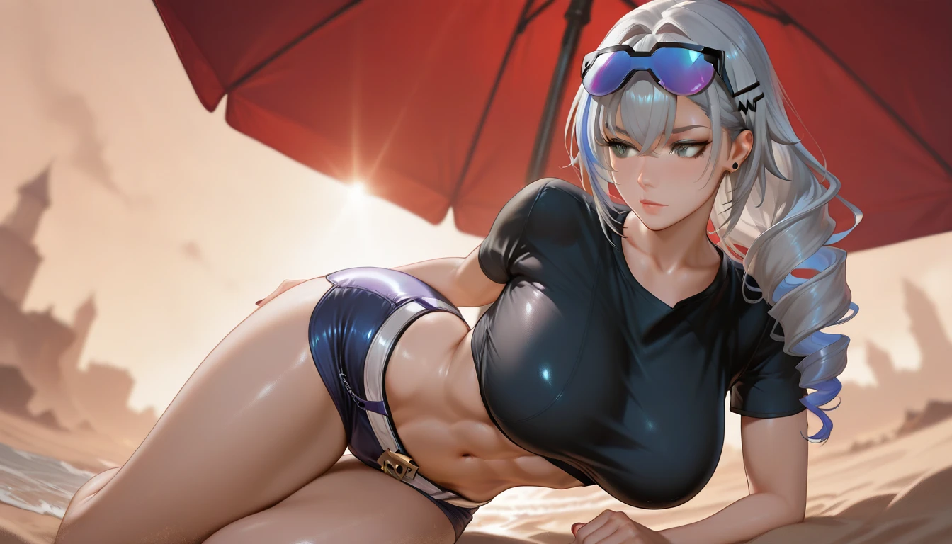 (((masterpiece))), ShizukaMikazuki, One Girl, alone, View your audience, Long Hair, Gray Hair, Long sleeve, Cleavage, Huge big breasts,clavicle, Mature Body,Healthy Abs,Make your face a little smaller,Make your breasts bigger,tall,Blushing,Pie Ponytail,Blouson, Open clothes, open Blouson, blue Blouson,nude,Black sports bra,Black hot pants, Play sports often, Choker with charm,Earrings,Belly piercing,Laughing embarrassedly,blue eyes,natural Park,Sunset,Shooting from an angle,Sweat all over,Close your mouth