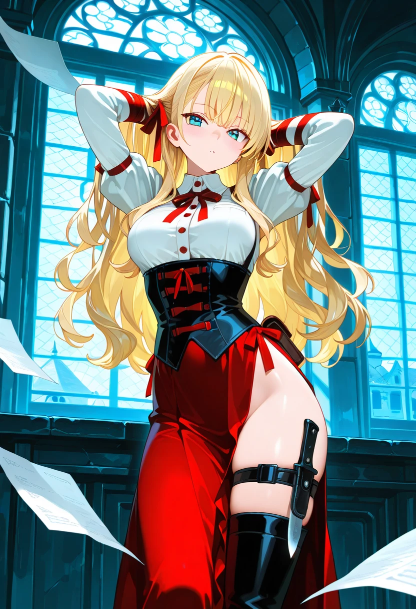 (masterpiece, best quality), intricate details, 1girl, 1girl in, age19, Solo, Long hair, Colossal, Looking at Viewer, blond hair, Alexis Texas (standing full body toe to head by wooden pole:1.2) iron collar, arms behind back, iron cuffs, shackles, bound, bondage outfit, harness, o-ring, bondage outfit blindfolded cover eyes, happy red cheeks, chain leash collar choker neck bell shackles wristbands bracers bracelets, cleave gag, sad face, red cheeks, cryings tears, painful (she was sold and betrayed by her own family)