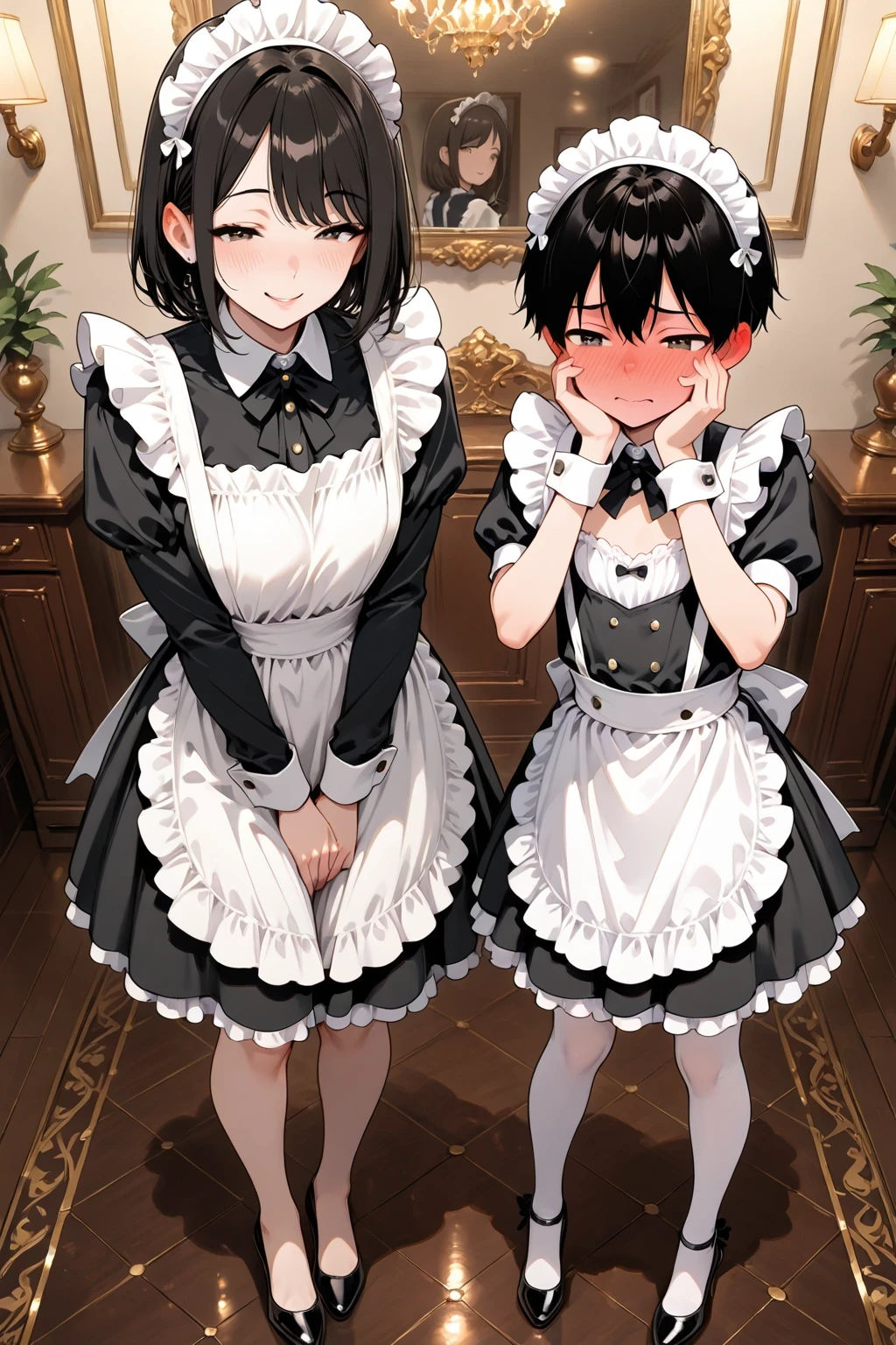 height difference, teenage boy standing, short hair, flat , crossdressing, wearing maid outfit, maid headdress, apron, pumps, half-closed eyes, adoring gaze, full-face blush:1.3, ear blush, nose blush, embarrassed,
female adult maid in background, smiling warmly, touching her own cheeks with both hands, expressing admiration to him,
luxurious room, richly decorated interior