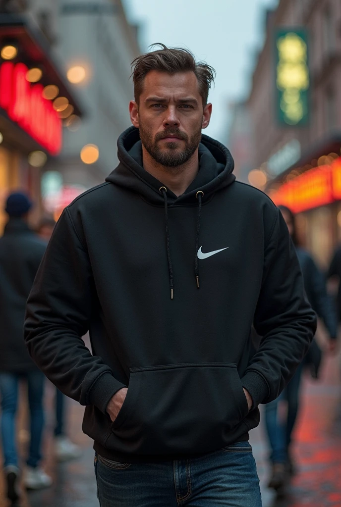 Handsome and muscular man, big , strong and muscular legs big bulge, Puma black and white two-tone t-shirt sportswear fashion with sweatshirt beautiful park background, masterpiece close up leaning on a latin pole