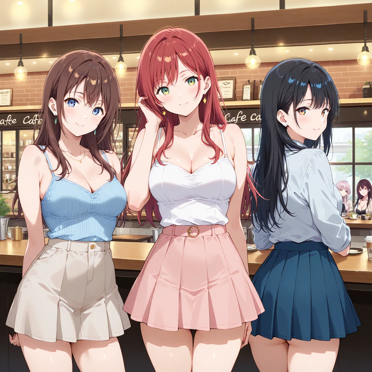 red long hair, masterpiece work, best quality, high resolution;,Improved detail，best quality，Perfect image quality，beautiful and sexy, first person view, small spots under the eyes , pretty, 큰 chest, 8K, ,chest 크게, pure white skin, chest, Beloved, excitement, beautiful, My heart is pounding,  red hair, glamour, girl friend, Gray-eyed pupils,hip, glamour, big breast, White sleeveless plush, jean shorts